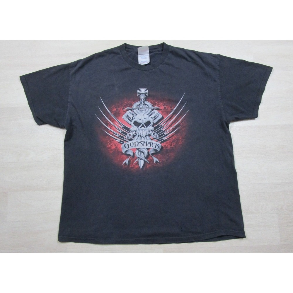 Vintage Y2K Godsmack T-Shirt Men's (XL) Y2K Nu Metal Band Skull Sword Pistons
